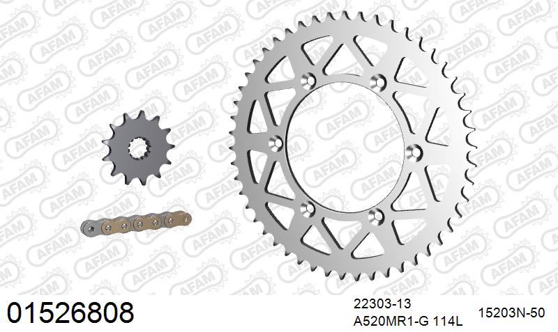 AFAM MX reinforced Chain & Alu Sprocket Kit, 520 (OE Pitch) - Gold 114 link MX reinforced chain, 13T steel/50T Alu sprockets (01526808)