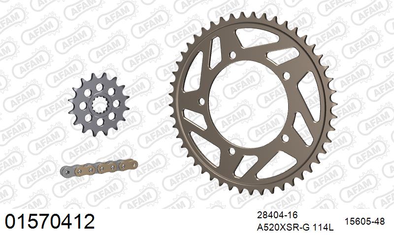 AFAM XS-ring super reinforced Chain & Alu Sprocket Kit, 520 conversion - Gold 114 link XS-ring super reinforced chain, 16T steel/48T Alu spr