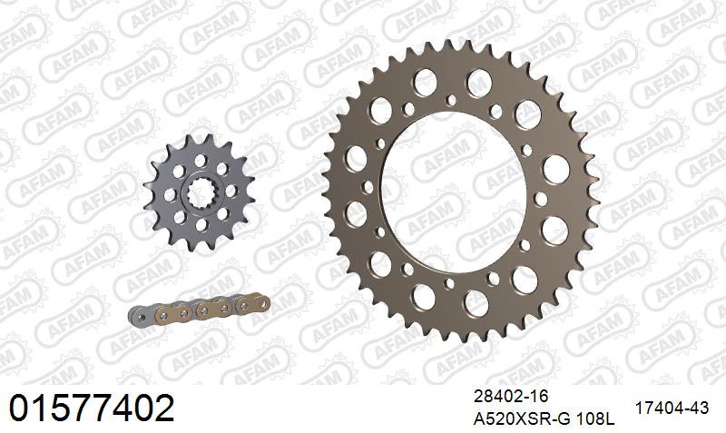AFAM XS-ring super reinforced Chain & Alu Sprocket Kit, 520 conversion - Gold 108 link XS-ring super reinforced chain, 16T steel/43T Alu spr – Suzuki GSX-R750 1996–1997