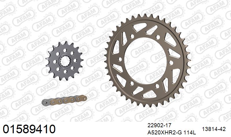 AFAM XS-ring Hyper reinforced Chain & Alu Sprocket Kit, 520 conversion - Gold 114 link XS-ring Hyper reinforced chain, 17T steel/42T Alu spr