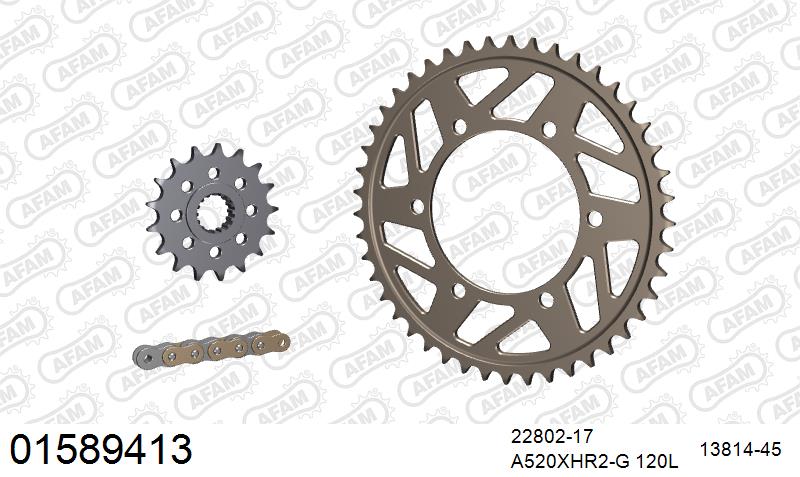 AFAM XS-ring Hyper reinforced Chain & Alu Sprocket Kit, 520 conversion - Gold 120 link XS-ring Hyper reinforced chain, 17T steel/45T Alu spr – Suzuki GSX-R1000 2017–2022