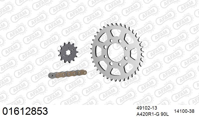 AFAM Reinforced Chain & Steel Sprocket Kit, 420 (OE Pitch) - Gold 90 link Reinforced chain, 13T steel/38T Steel sprockets