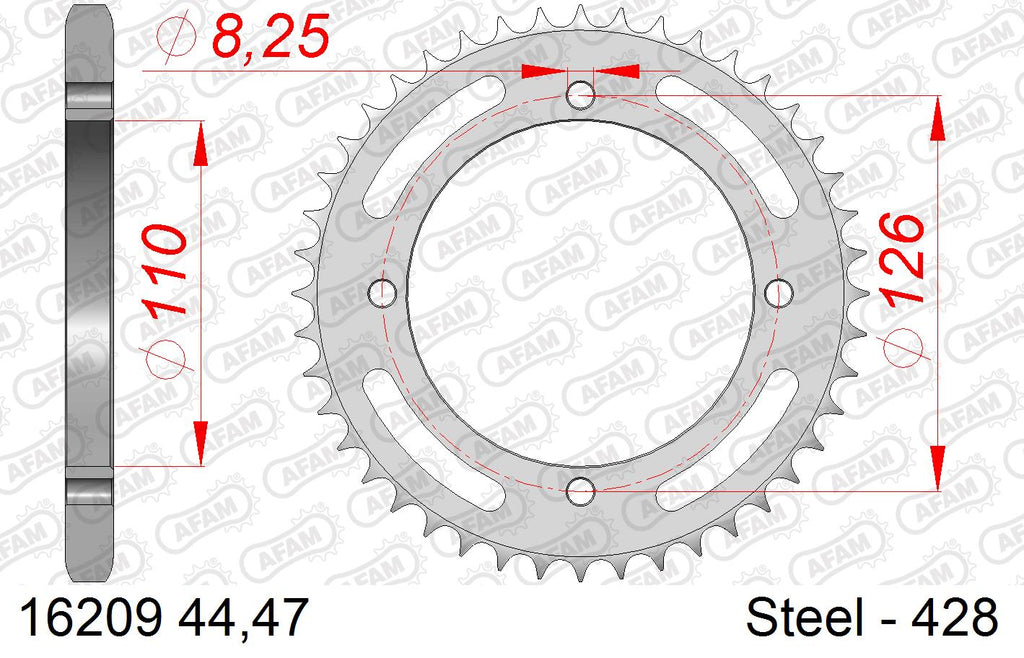 AFAM Standard Chain & Steel Sprocket Kit, 428 (OE Pitch) - Plain Steel 124 link Standard chain, 14T steel/47T Steel sprockets – Kawasaki KLX125 2010–2011