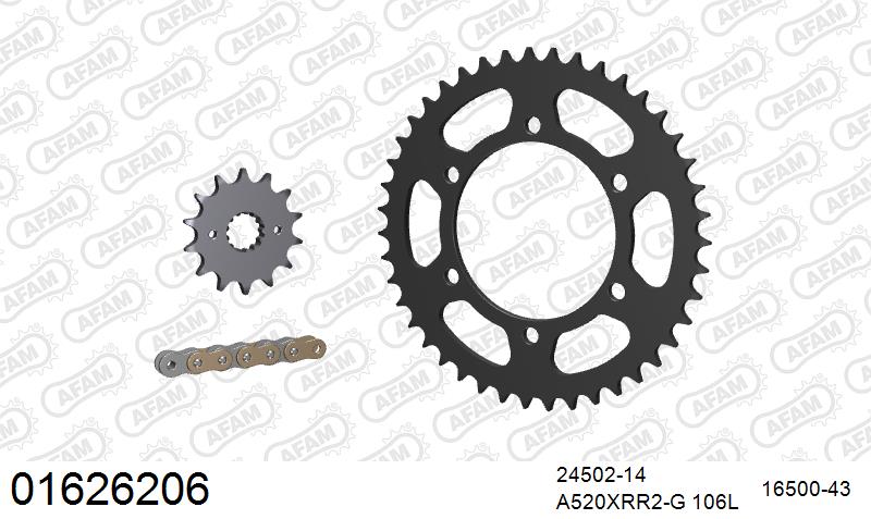 AFAM Xs-Ring Reinforced Plus Chain & Steel Sprocket Kit, 520 (OE Pitch) - Gold 106 link Xs-Ring Reinforced Plus chain, 14T steel/43T Steel s – Kawasaki Ninja 250 R 2008–2012