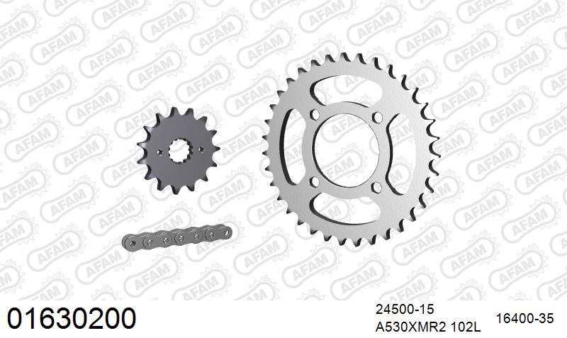 AFAM XS-ring Extra Reinforced Chain & Steel Sprocket Kit, 530 (OE Pitch) - Plain Steel 102 link XS-ring Extra Reinforced chain, 15T steel/35T Steel sprockets