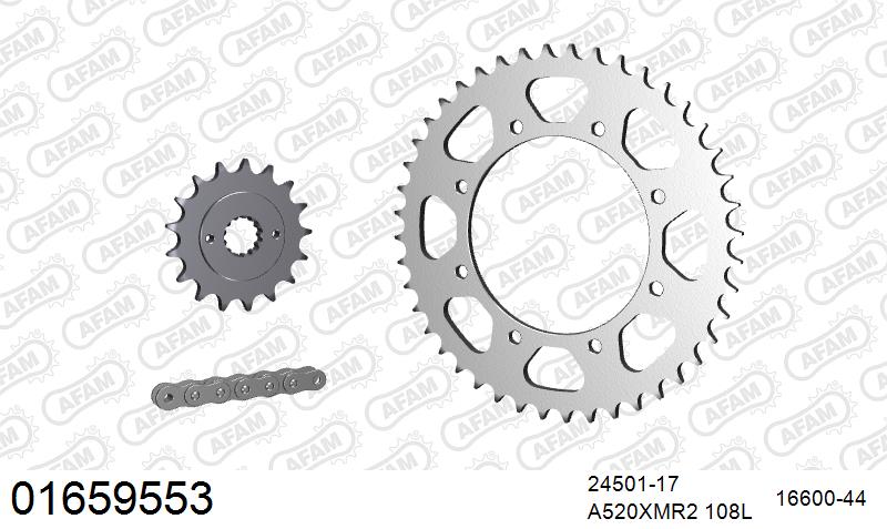 AFAM XS-ring Extra Reinforced Chain & Steel Sprocket Kit, 520 (OE Pitch) - Plain Steel 108 link XS-ring Extra Reinforced chain, 17T steel/44