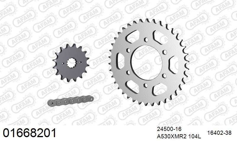 AFAM XS-ring Extra Reinforced Chain & Steel Sprocket Kit, 530 (OE Pitch) - Plain Steel 104 link XS-ring Extra Reinforced chain, 16T steel/38