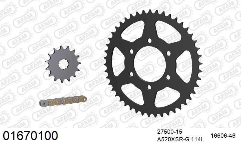AFAM XS-ring super reinforced Chain & Steel Sprocket Kit, 520 (OE Pitch) - Gold 114 link XS-ring super reinforced chain, 15T steel/46T Steel