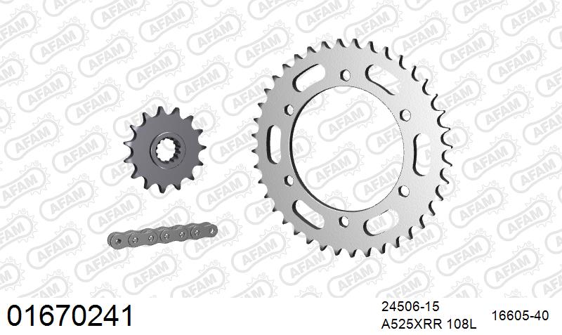 AFAM XS-ring Extra Reinforced Chain & Steel Sprocket Kit, 525 (OE Pitch) - Plain Steel 108 link XS-ring Extra Reinforced chain, 15T steel/40 – Kawasaki ZX-6R 1995–1997