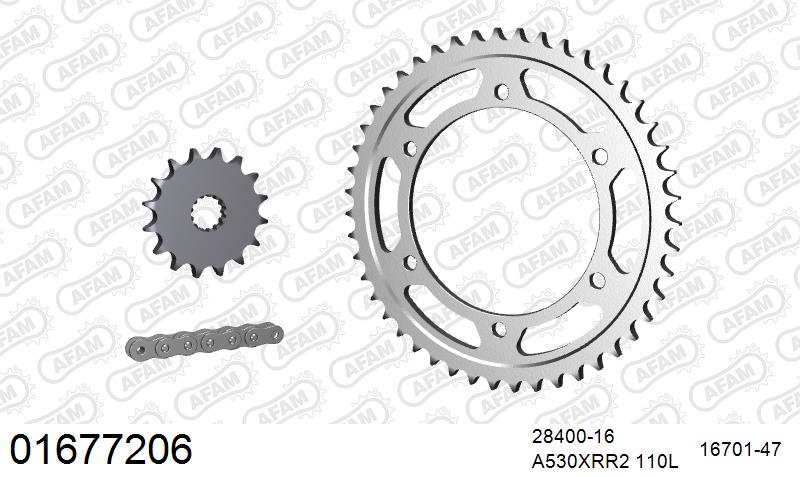 AFAM XS-ring Extra Reinforced Chain & Steel Sprocket Kit, 530 (OE Pitch) - Plain Steel 110 link XS-ring Extra Reinforced chain, 16T steel/47