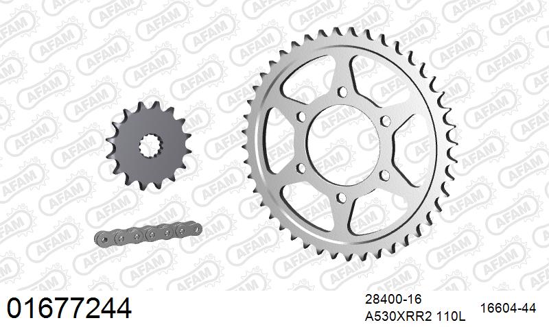 AFAM XS-ring Extra Reinforced Chain & Steel Sprocket Kit, 530 (OE Pitch) - Plain Steel 110 link XS-ring Extra Reinforced chain, 16T steel/44 – Kawasaki ZXR750J-M 1993–1995