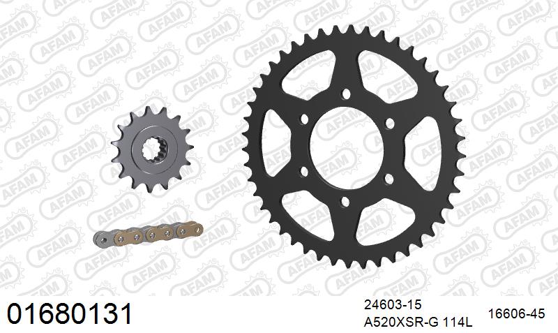 AFAM XS-ring super reinforced Chain & Steel Sprocket Kit, 520 (OE Pitch) - Gold 114 link XS-ring super reinforced chain, 15T steel/45T Steel