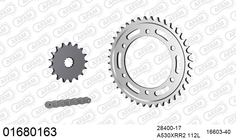AFAM XS-ring Extra Reinforced Chain & Steel Sprocket Kit, 530 (OE Pitch) - Plain Steel 112 link XS-ring Extra Reinforced chain, 17T steel/40