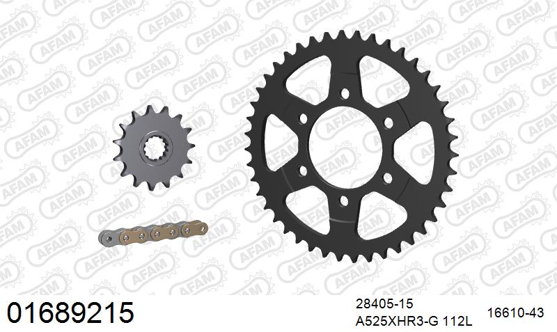 AFAM XS-ring Hyper reinforced Chain & Steel Sprocket Kit, 525 (OE Pitch) - Gold 112 link XS-ring Hyper reinforced chain, 15T steel/43T Steel – Kawasaki Z1000 2014–2020
