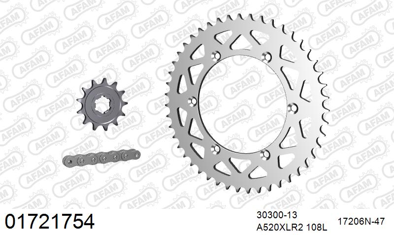 AFAM Xs-Ring Reinforced Plus Chain & Alu Sprocket Kit, 520 (OE Pitch) - Gold 108 link Xs-Ring Reinforced Plus chain, 13T steel/47T Alu sproc