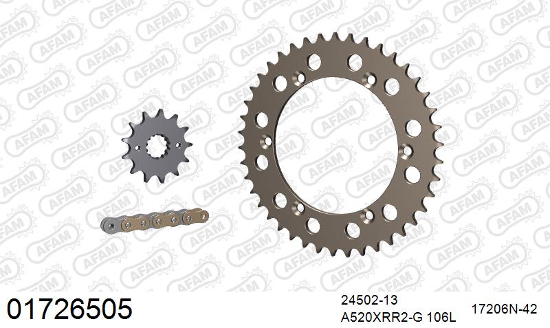 AFAM Xs-Ring Reinforced Plus Chain & Alu Sprocket Kit, 520 (OE Pitch) - Gold 106 link Xs-Ring Reinforced Plus chain, 13T steel/42T Alu sproc