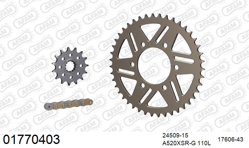 AFAM XS-ring super reinforced Chain & Alu Sprocket Kit, 520 (OE Pitch) - Gold 110 link XS-ring super reinforced chain, 15T steel/43T Alu spr