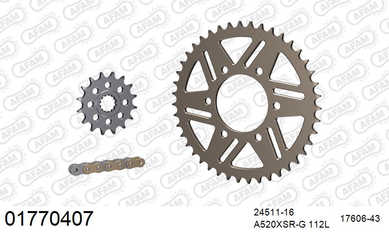 AFAM XS-ring super reinforced Chain & Alu Sprocket Kit, 520 (OE Pitch) - Gold 112 link XS-ring super reinforced chain, 16T steel/43T Alu spr