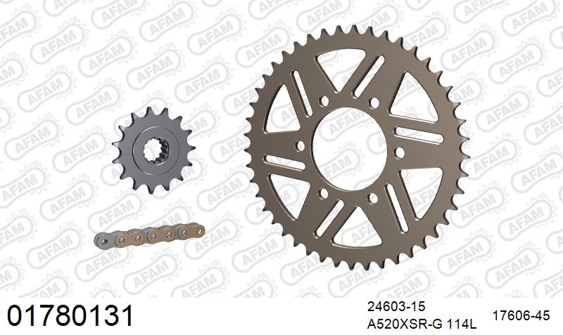AFAM XS-ring super reinforced Chain & Alu Sprocket Kit, 520 (OE Pitch) - Gold 114 link XS-ring super reinforced chain, 15T steel/45T Alu spr