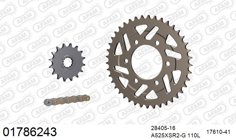 AFAM XS-ring super reinforced Chain & Alu Sprocket Kit, 525 (OE Pitch) - Gold 110 link XS-ring super reinforced chain, 16T steel/41T Alu spr