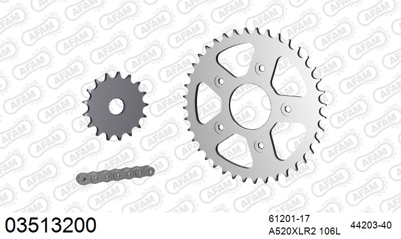AFAM XS-ring standard Chain & Steel Sprocket Kit, 520 (OE Pitch) - Plain Steel 106 link XS-ring standard chain, 17T steel/40T Steel sprocket – Aprilia 125 Tuono 2003–2007 / Aprilia RS125 1999–2005