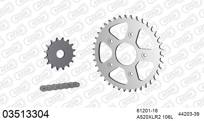 AFAM XS-ring standard Chain & Steel Sprocket Kit, 520 (OE Pitch) - Plain Steel 106 link XS-ring standard chain, 16T steel/39T Steel sprocket
