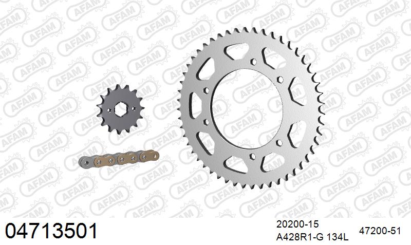 AFAM Reinforced Chain & Steel Sprocket Kit, 428 (OE Pitch) - Gold 134 link Reinforced chain, 15T steel/51T Steel sprockets – Derbi Senda 125 SM DRD 2009–2012