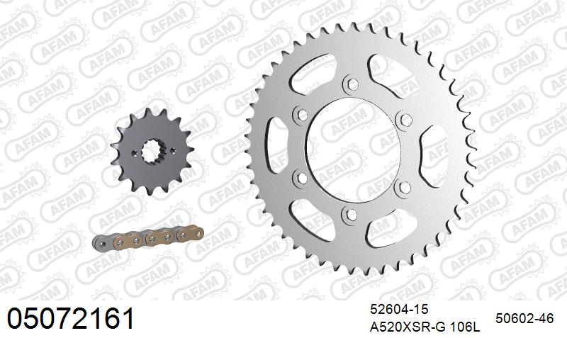 AFAM XS-ring Extra Reinforced Chain & Steel Sprocket Kit, 520 (OE Pitch) - Plain Steel 106 link XS-ring Extra Reinforced chain, 15T steel/46