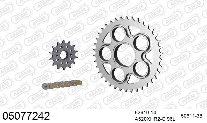 AFAM XS-ring Hyper reinforced Chain & Steel Sprocket Kit, 520 (OE Pitch) - Gold 96 link XS-ring Hyper reinforced chain, 14T steel/38T Steel