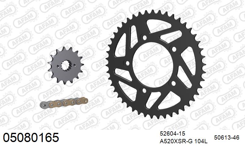 AFAM XS-ring super reinforced Chain & Steel Sprocket Kit, 520 (OE Pitch) - Gold 104 link XS-ring super reinforced chain, 15T steel/46T Steel (05080165)