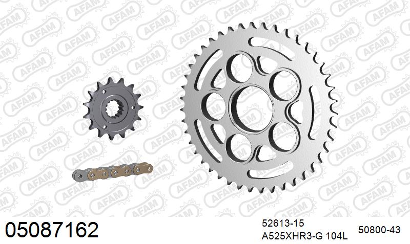 AFAM XS-ring Hyper reinforced Chain & Steel Sprocket Kit, 525 (OE Pitch) - Gold 104 link XS-ring Hyper reinforced chain, 15T steel/43T Steel