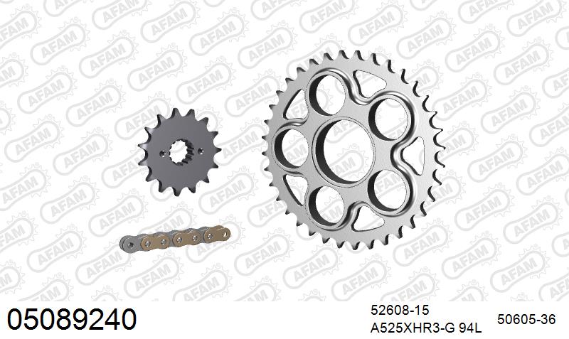 AFAM XS-ring Hyper reinforced Chain & Steel Sprocket Kit, 525 (OE Pitch) - Gold 94 link XS-ring Hyper reinforced chain, 15T steel/36T Steel (05089240)