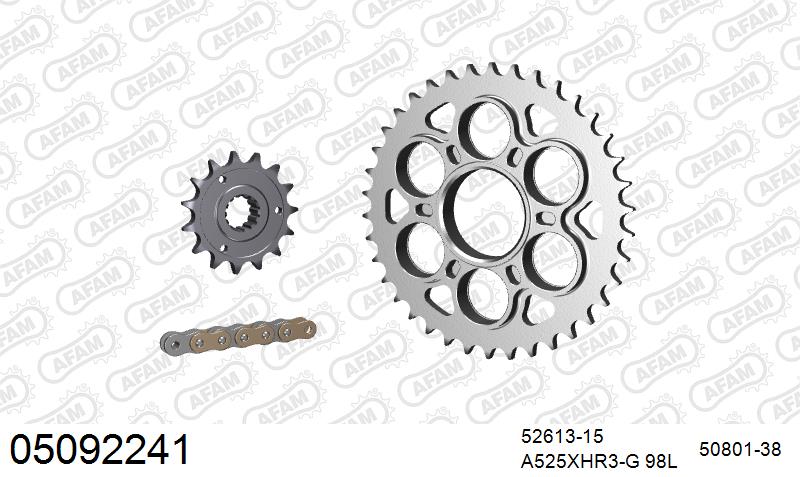 AFAM XS-ring Hyper reinforced Chain & Steel Sprocket Kit, 525 (OE Pitch) - Gold 98 link XS-ring Hyper reinforced chain, 15T steel/38T Steel