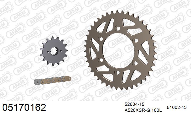 AFAM XS-ring Extra Reinforced Chain & Alu Sprocket Kit, 520 (OE Pitch) - Plain Steel 100 link XS-ring Extra Reinforced chain, 15T steel/43T