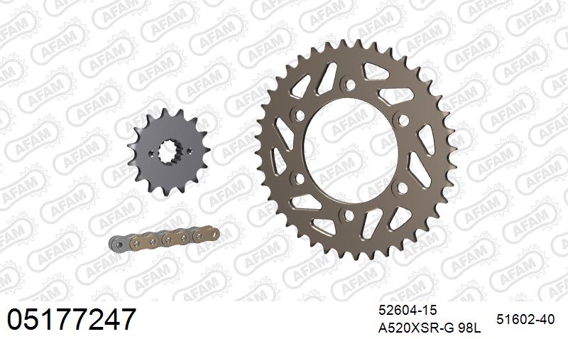 AFAM XS-ring Extra Reinforced Chain & Alu Sprocket Kit, 520 (OE Pitch) - Plain Steel 98 link XS-ring Extra Reinforced chain, 15T steel/40T A