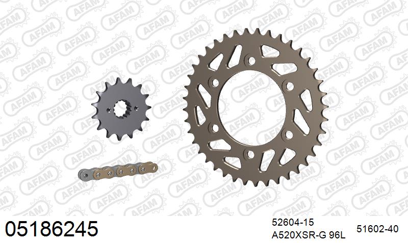 AFAM XS-ring Extra Reinforced Chain & Alu Sprocket Kit, 520 (OE Pitch) - Plain Steel 96 link XS-ring Extra Reinforced chain, 15T steel/40T A