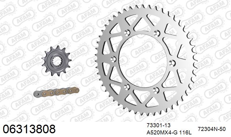 AFAM MX reinforced Chain & Alu Sprocket Kit, 520 (OE Pitch) - Gold 116 link MX reinforced chain, 13T steel/50T Alu sprockets (06313808)