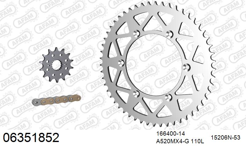 AFAM MX Racing GP Chain & Alu Sprocket Kit, 520 (OE Pitch) - Gold 110 link MX Racing GP chain, 14T steel/53T Alu sprockets