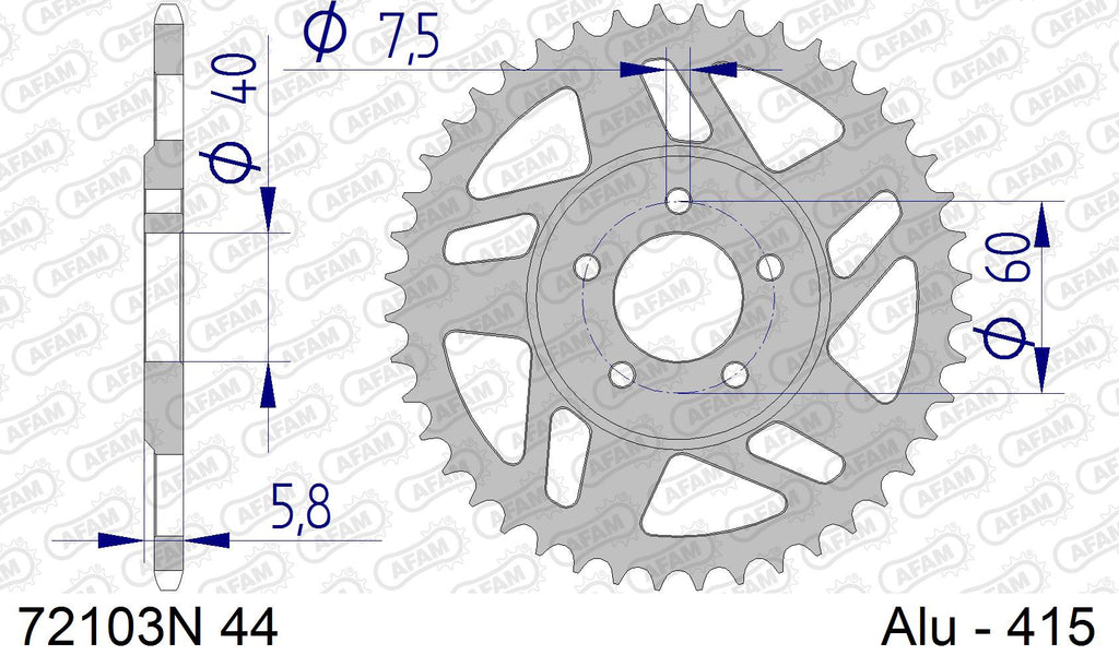 AFAM Reinforced Chain & Alu Sprocket Kit, 415 (OE Pitch) - Plain Steel 104 link Reinforced chain, 11T steel/44T Alu sprockets