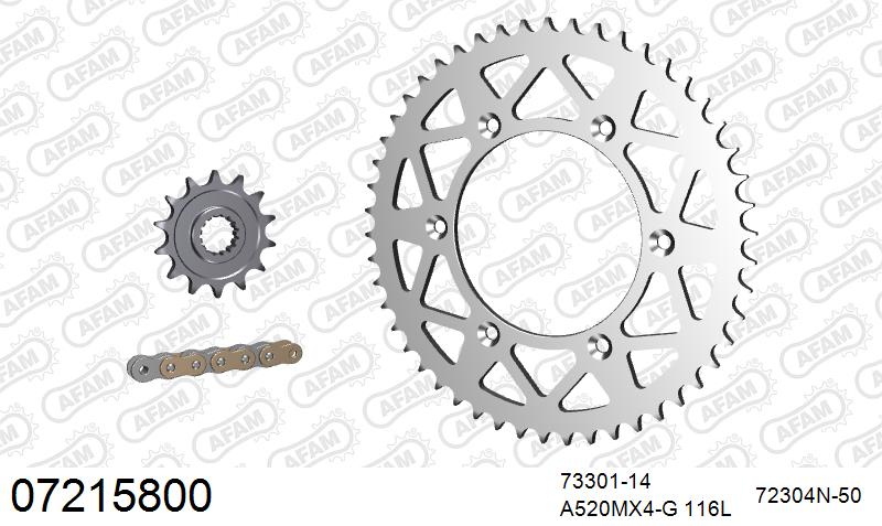 AFAM MX reinforced Chain & Alu Sprocket Kit, 520 (OE Pitch) - Gold 116 link MX reinforced chain, 14T steel/50T Alu sprockets (07215800)