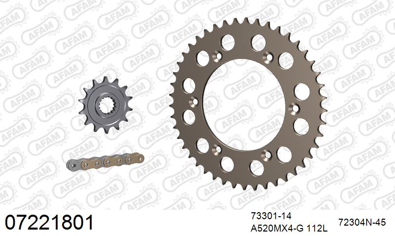 AFAM MX reinforced Chain & Alu Sprocket Kit, 520 (OE Pitch) - Gold 112 link MX reinforced chain, 14T steel/45T Alu sprockets