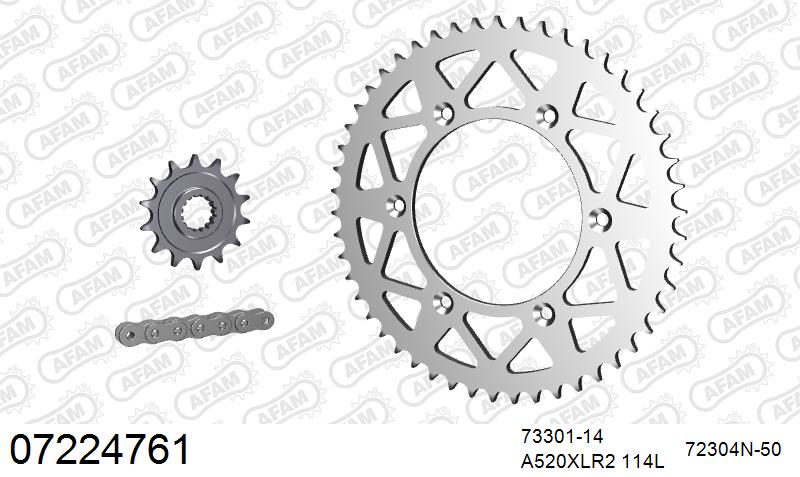 AFAM Xs-Ring Reinforced Plus Chain & Alu Sprocket Kit, 520 (OE Pitch) - Gold 114 link Xs-Ring Reinforced Plus chain, 14T steel/50T Alu sproc