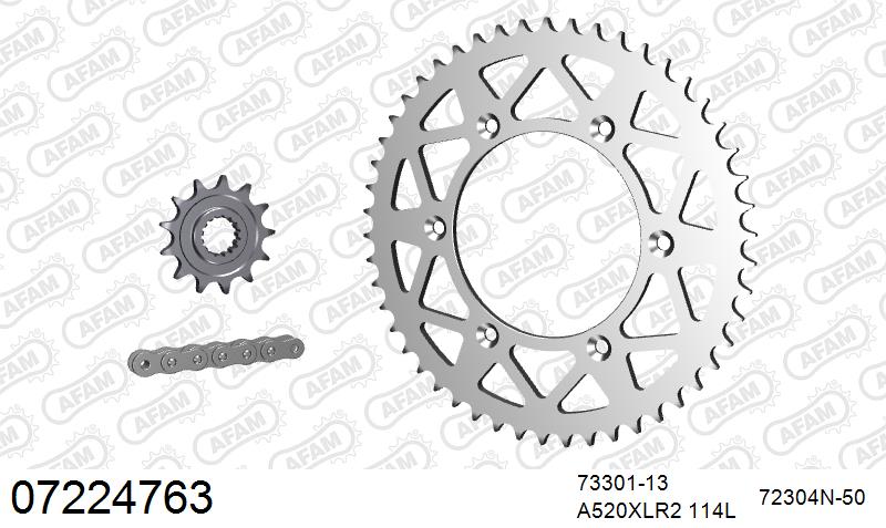 AFAM Xs-Ring Reinforced Plus Chain & Alu Sprocket Kit, 520 (OE Pitch) - Gold 114 link Xs-Ring Reinforced Plus chain, 13T steel/50T Alu sproc (07224763)