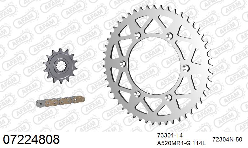 AFAM MX reinforced Chain & Alu Sprocket Kit, 520 (OE Pitch) - Gold 114 link MX reinforced chain, 14T steel/50T Alu sprockets (07224808)