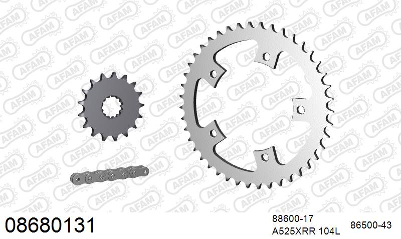 AFAM XS-ring Extra Reinforced Chain & Steel Sprocket Kit, 525 (OE Pitch) - Plain Steel 104 link XS-ring Extra Reinforced chain, 17T steel/43