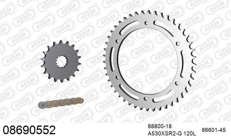 AFAM XS-ring super reinforced Chain & Steel Sprocket Kit, 530 (OE Pitch) - Gold 120 link XS-ring super reinforced chain, 18T steel/45T Steel