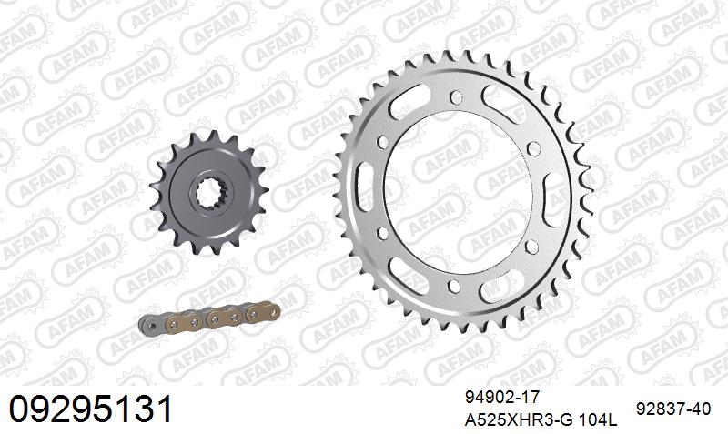 AFAM XS-ring Hyper reinforced Chain & Steel Sprocket Kit, 525 (OE Pitch) - Gold 104 link XS-ring Hyper reinforced chain, 17T steel/40T Steel