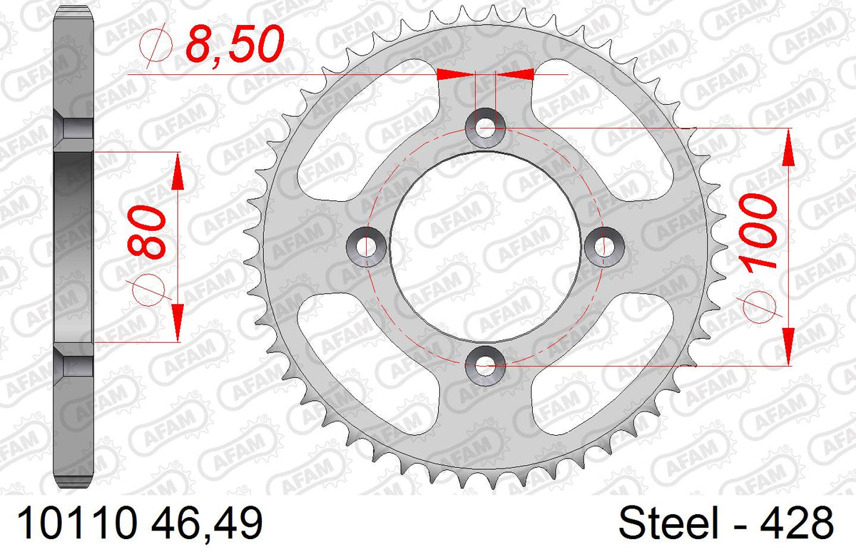 AFAM Rear Sprocket, 428 (OE Pitch), Steel - 46T (orig size) (10110-46)