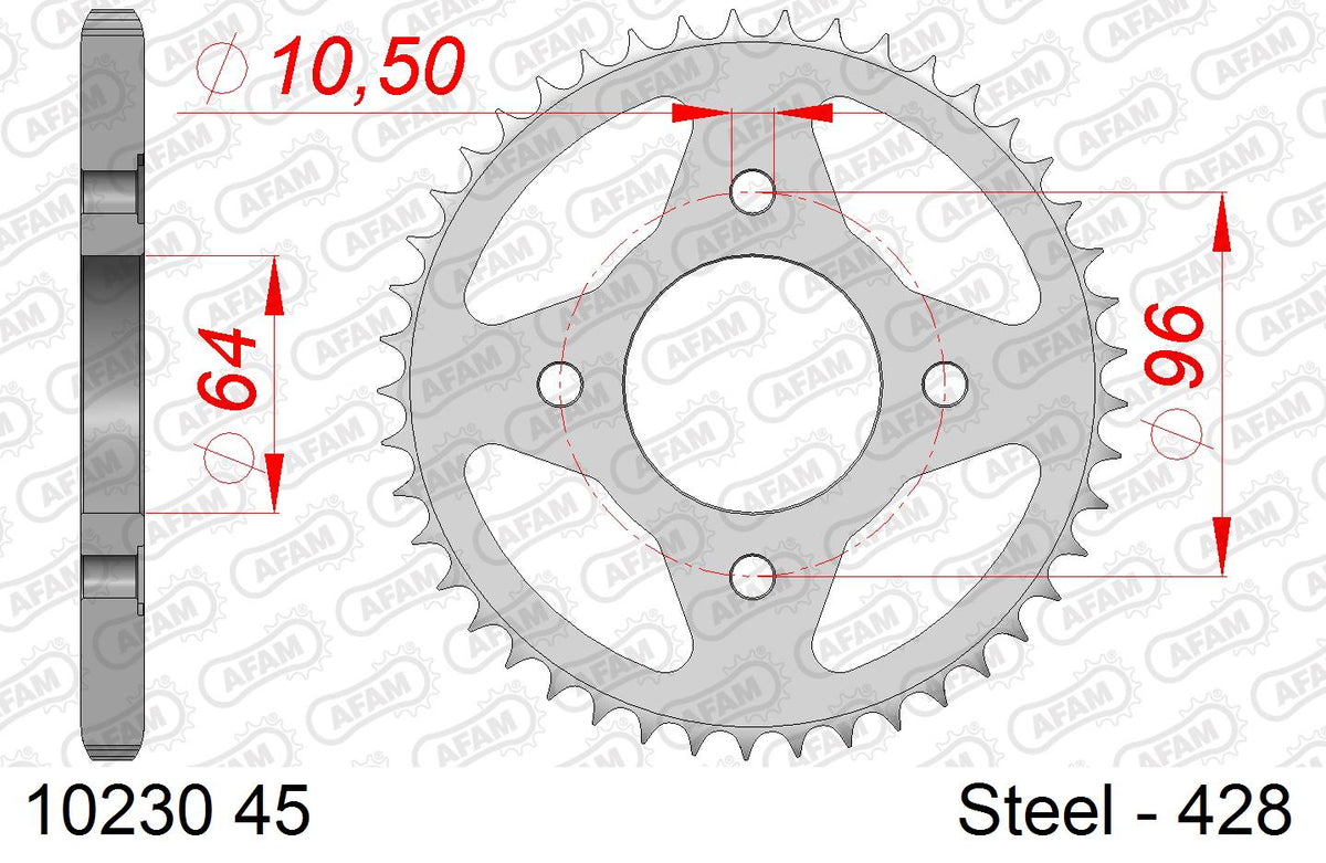 AFAM Rear Sprocket, 428 (OE Pitch), Steel - 45T (orig size) – Honda CG125 2004–2008