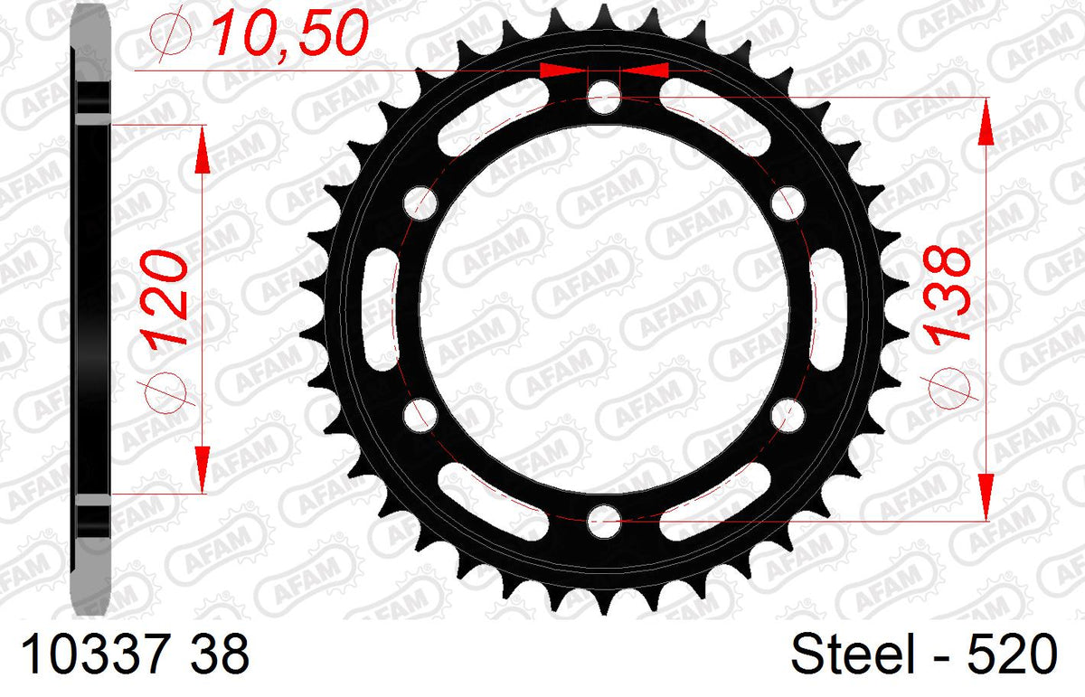 AFAM Rear Sprocket, 520 (OE Pitch), Steel - 38T, 110 links reqd